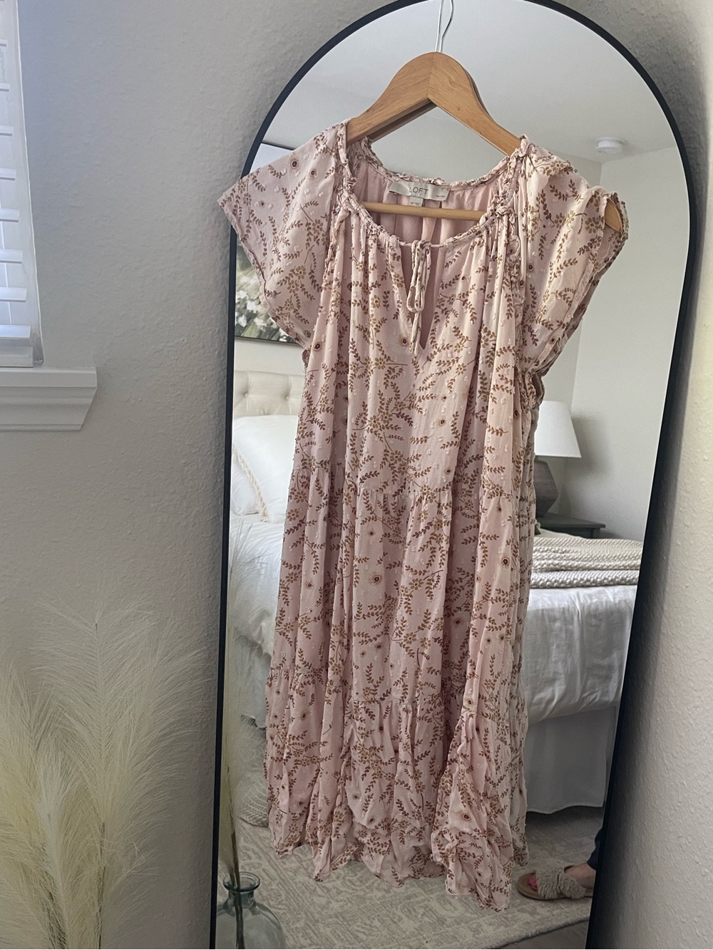 LOFT Blush Pink Floral Tie-Neck Mini Dress